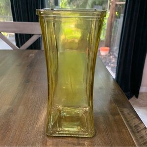 Yellow glass unique square shaped floral decorative vase. 8in tall 3.5in opening